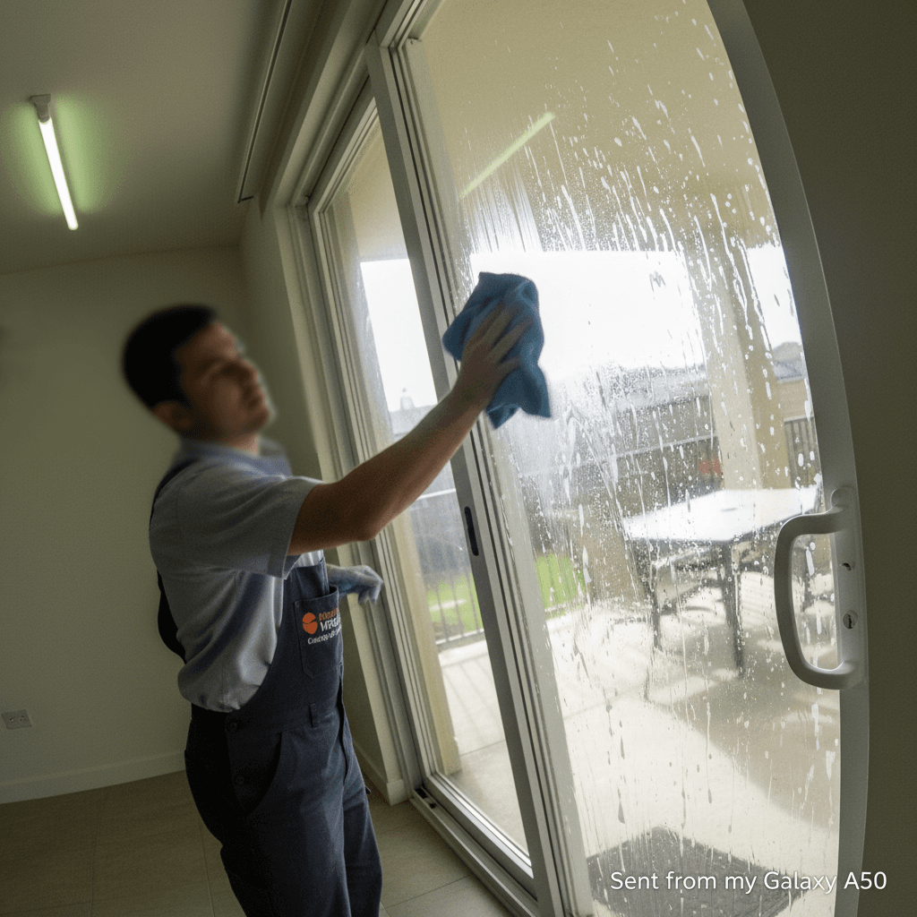 Interior squeegee and microfibre detail during residential window service